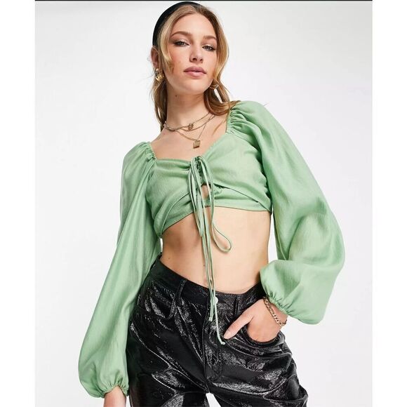 Topshop Ruched Cut Out Balloon Sleeve Top in Green Size 14 Nwt - Picture 9 of 9